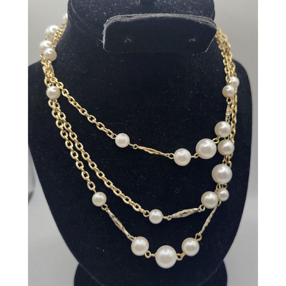 Vintage Extra Long Imitation Pearl Multi-Strand Necklace Gold-Tone Chains 50in